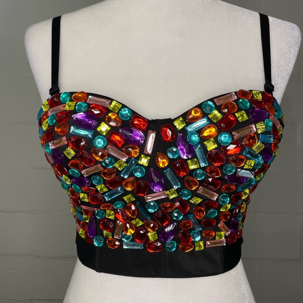Embellished Multicolor Gem Bustier Crop Top - Women